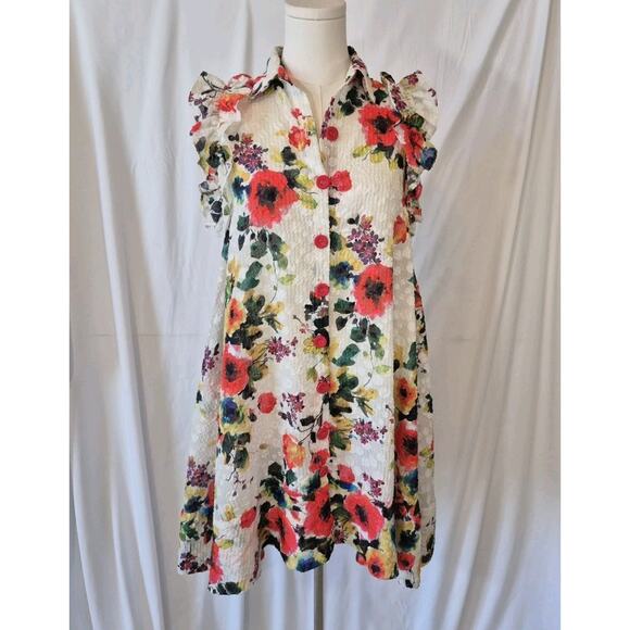 Anthropologie Eva Franco Womens Colorful Floral Ruffle Shirt Dress Large - Picture 1 of 7
